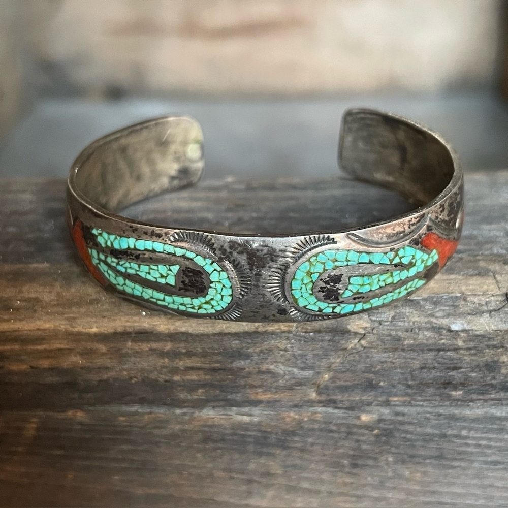 Antique Zuni Chip Inlay Turquoise Coral Cuff Bracelet Sm. Sterling Signed